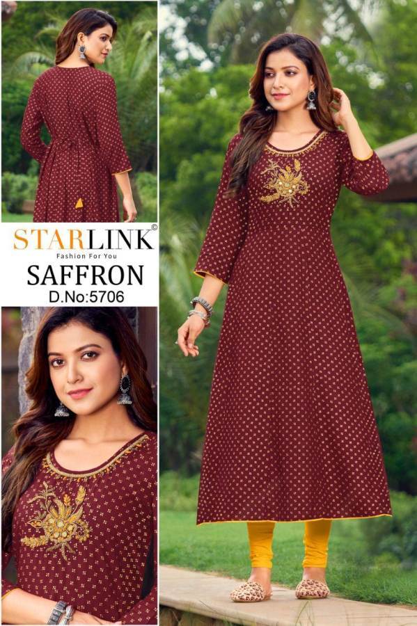Starlink Saffron Rayon Fancy Ethnic Wear Foli Printed Kurti Collection